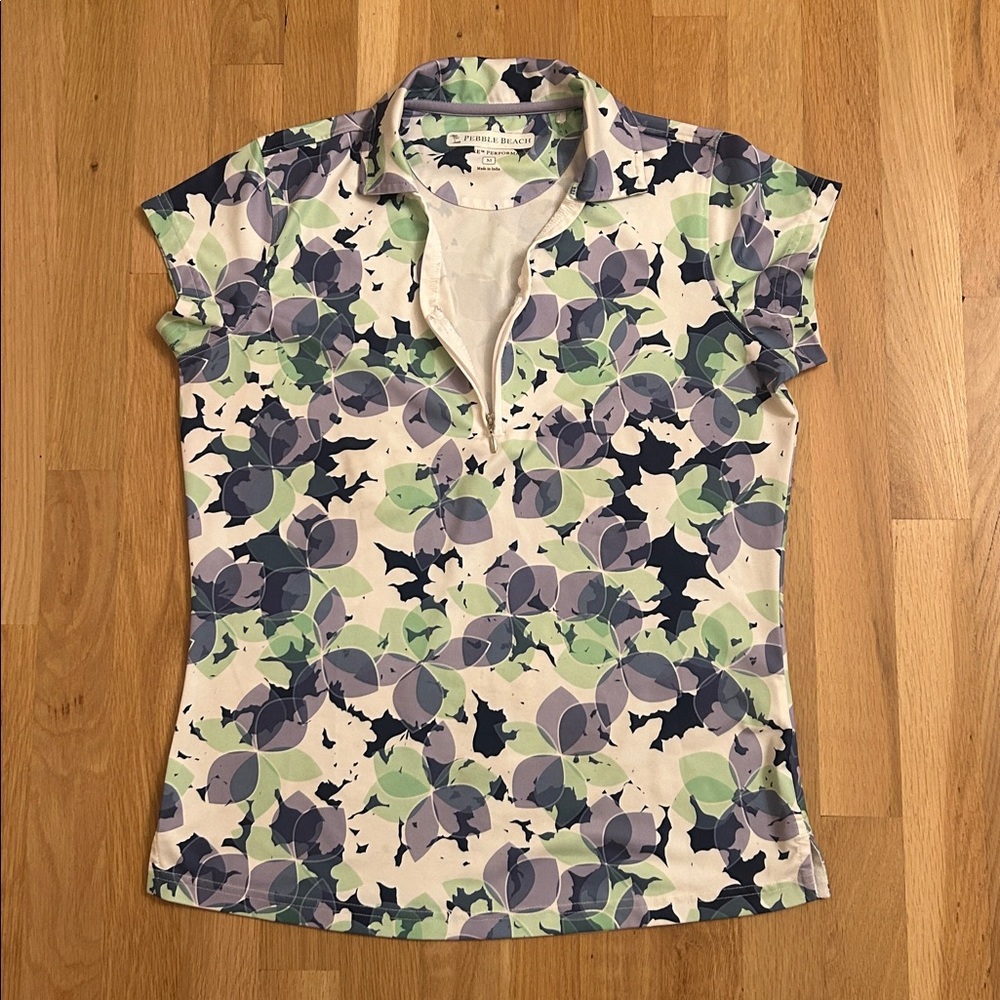 Pebble Beach Floral White Green Purple Short Sleeve Golf Top Women’s Size Medium - Picture 10 of 15